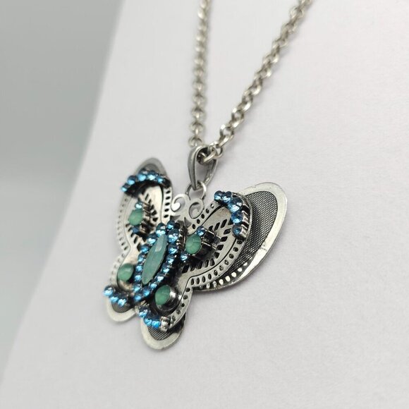 Butterfly Pendant Necklace By Jessica Simpson Blue Green Crystal Silver Tone - Picture 3 of 7